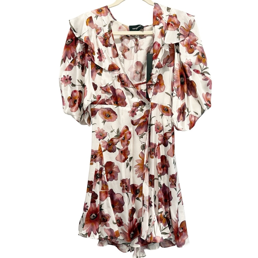 The Kooples Dress Silk Floral Print Wrap Mini Pink White Puff Sleeves Boho NWT - Picture 3 of 14
